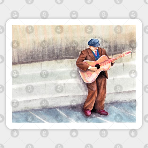 Old man playing guitar Sticker by LeighsDesigns